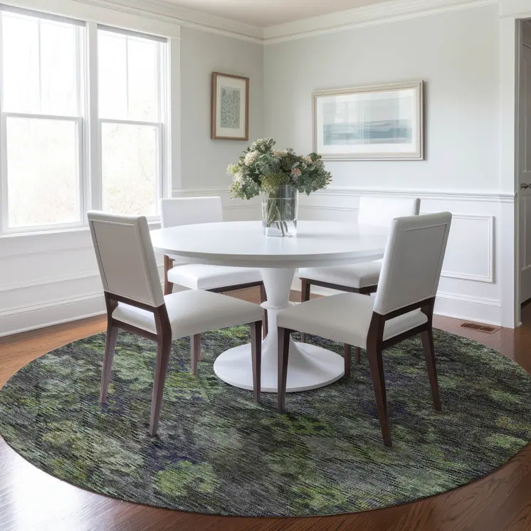 8' Green Charcoal And Black Round Floral Washable Indoor Outdoor Area Rug