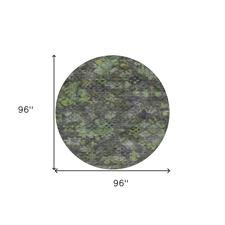 8' Green Charcoal And Black Round Floral Washable Indoor Outdoor Area Rug
