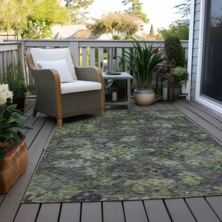 8' X 10' Green Charcoal And Black Floral Washable Indoor Outdoor Area Rug