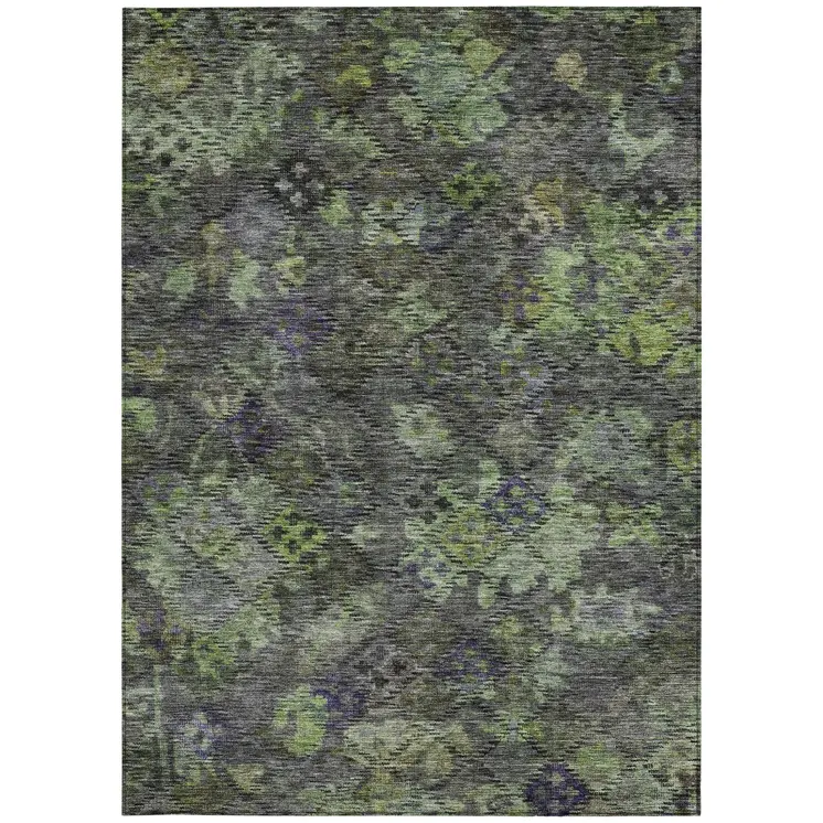 10' X 14' Green Charcoal And Black Floral Washable Indoor Outdoor Area Rug