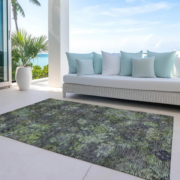 10' X 14' Green Charcoal And Black Floral Washable Indoor Outdoor Area Rug