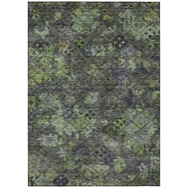 10' X 14' Green Charcoal And Black Floral Washable Indoor Outdoor Area Rug