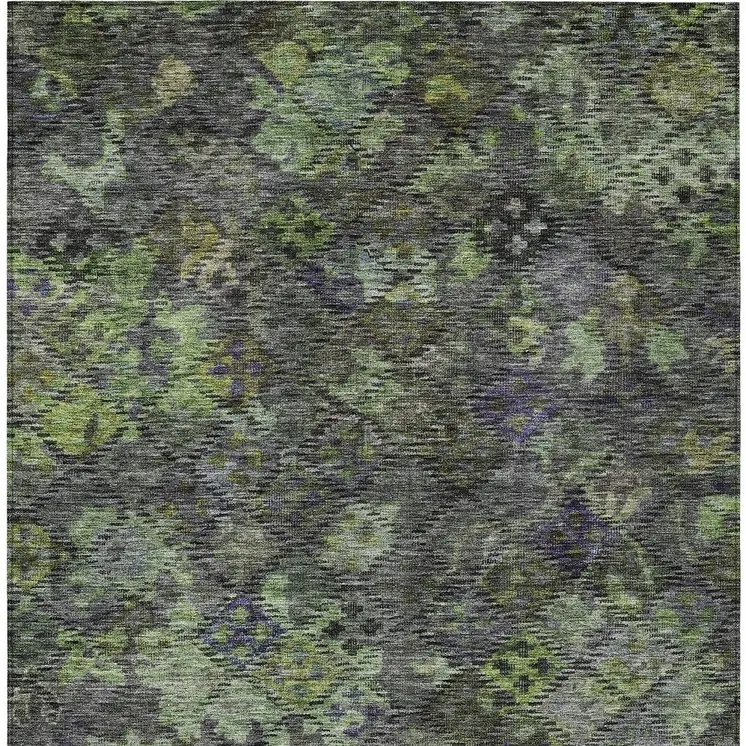 10' X 14' Green Charcoal And Black Floral Washable Indoor Outdoor Area Rug