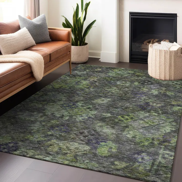 10' X 14' Green Charcoal And Black Floral Washable Indoor Outdoor Area Rug