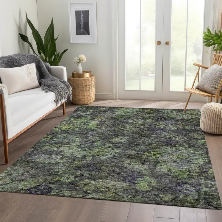 10' X 14' Green Charcoal And Black Floral Washable Indoor Outdoor Area Rug