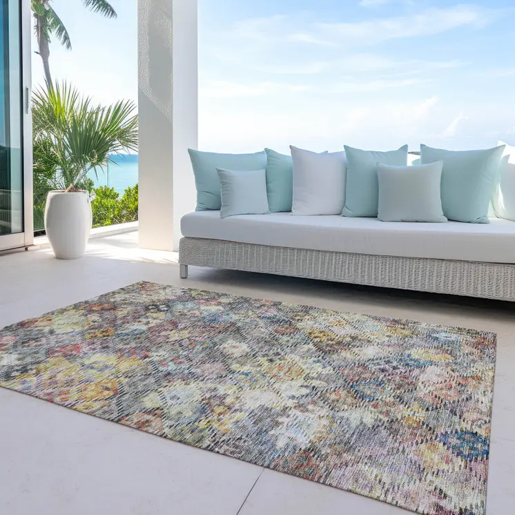 5' X 8' Gold Blue And Brown Floral Washable Indoor Outdoor Area Rug