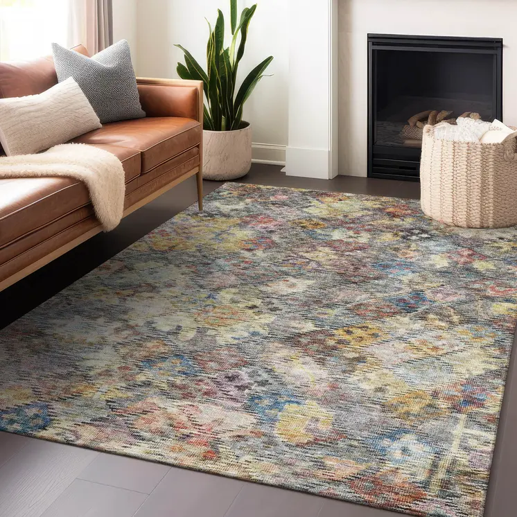 5' X 8' Gold Blue And Brown Floral Washable Indoor Outdoor Area Rug