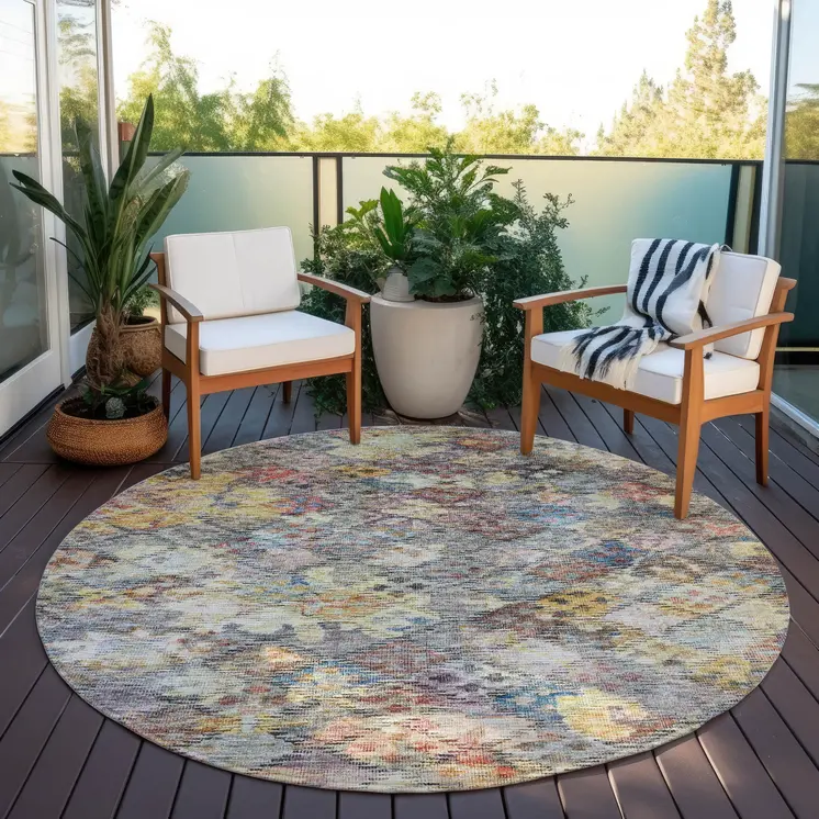 8' Gold Blue And Brown Round Floral Washable Indoor Outdoor Area Rug