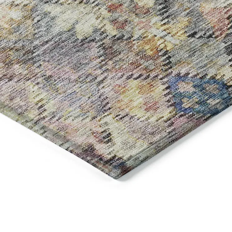 8' Gold Blue And Brown Round Floral Washable Indoor Outdoor Area Rug