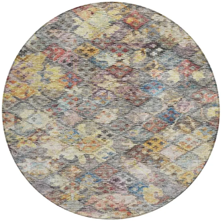 8' Gold Blue And Brown Round Floral Washable Indoor Outdoor Area Rug