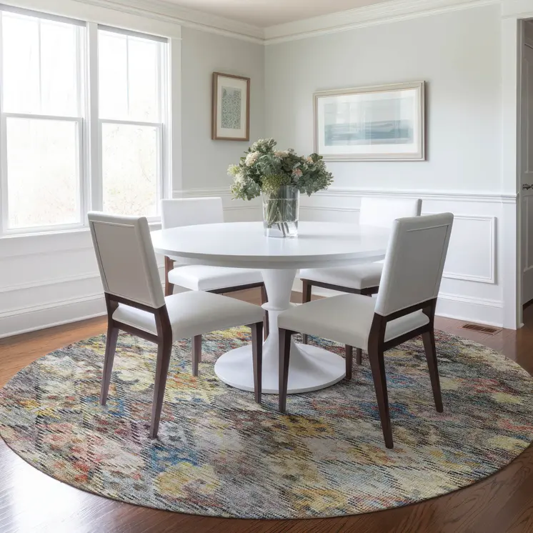 8' Gold Blue And Brown Round Floral Washable Indoor Outdoor Area Rug