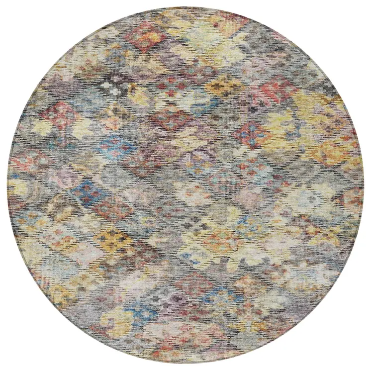 8' Gold Blue And Brown Round Floral Washable Indoor Outdoor Area Rug
