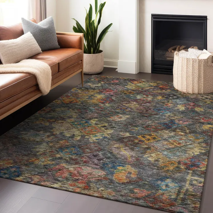 5' X 8' Gray Green And Terra Cotta Floral Washable Indoor Outdoor Area Rug