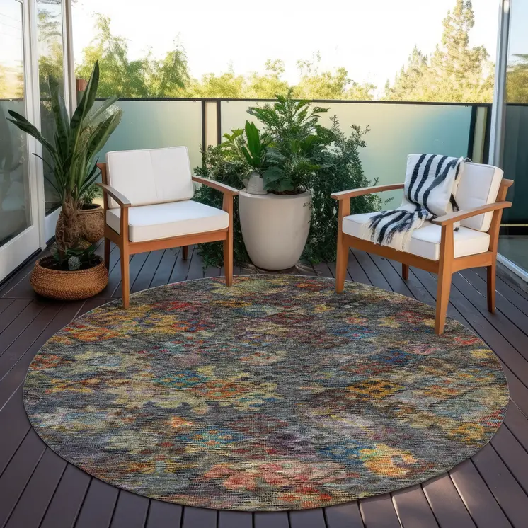 8' Gray Green And Terra Cotta Round Floral Washable Indoor Outdoor Area Rug