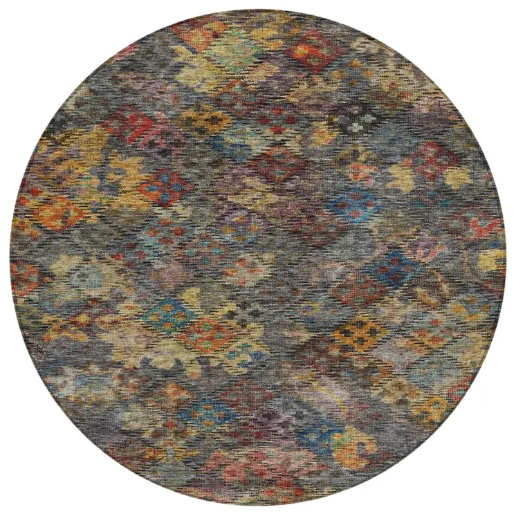 8' Gray Green And Terra Cotta Round Floral Washable Indoor Outdoor Area Rug