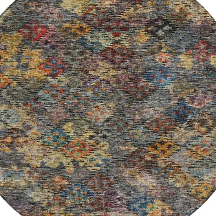 8' Gray Green And Terra Cotta Round Floral Washable Indoor Outdoor Area Rug