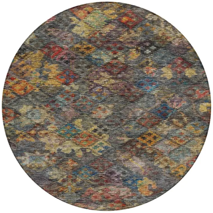 8' Gray Green And Terra Cotta Round Floral Washable Indoor Outdoor Area Rug