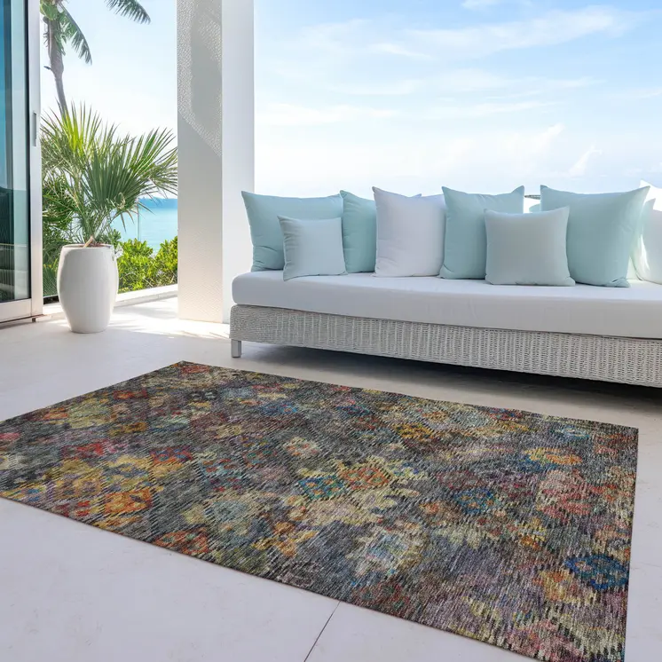 10' X 14' Gray Green And Terra Cotta Floral Washable Indoor Outdoor Area Rug