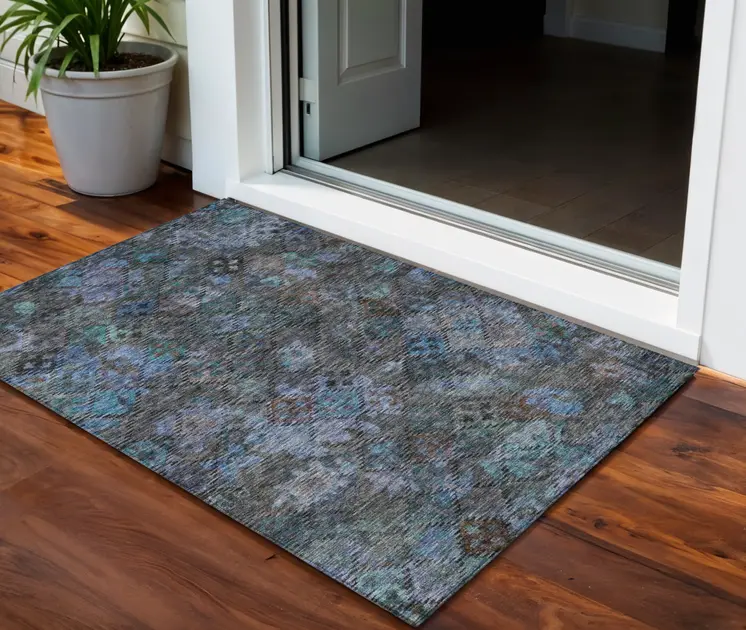 3' X 5' Teal Blue And Charcoal Floral Washable Indoor Outdoor Area Rug