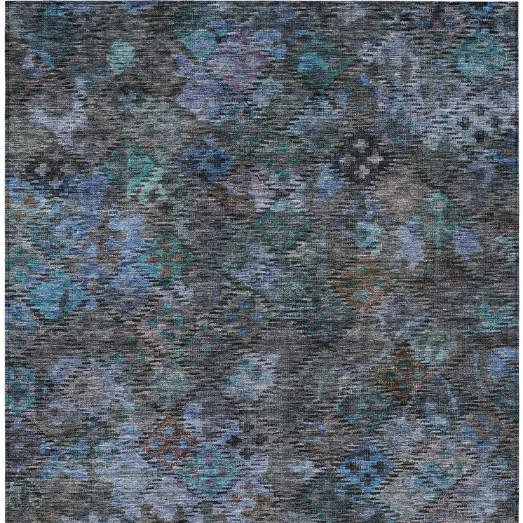 5' X 8' Teal Blue And Charcoal Floral Washable Indoor Outdoor Area Rug