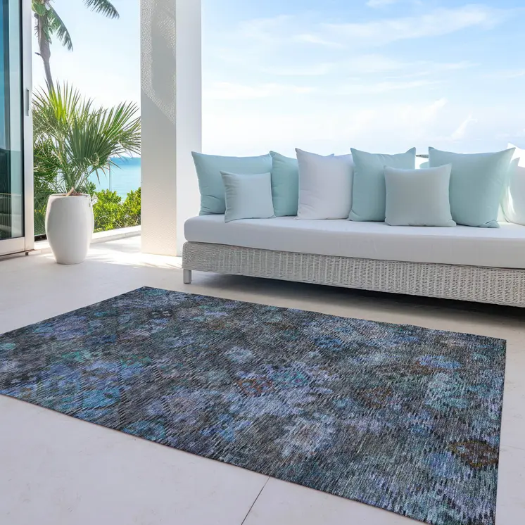 5' X 8' Teal Blue And Charcoal Floral Washable Indoor Outdoor Area Rug