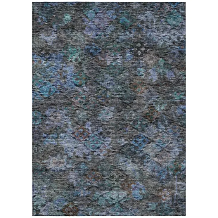 5' X 8' Teal Blue And Charcoal Floral Washable Indoor Outdoor Area Rug