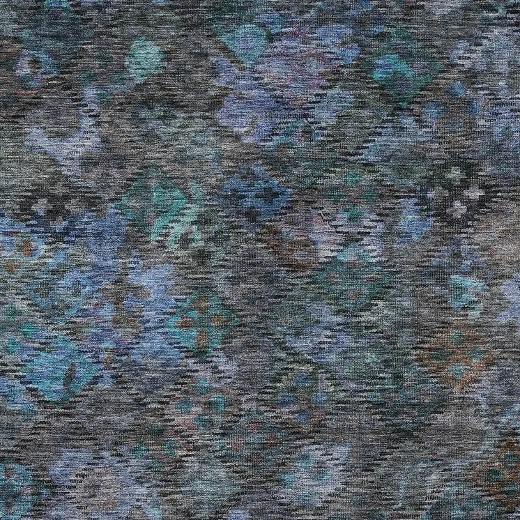 5' X 8' Teal Blue And Charcoal Floral Washable Indoor Outdoor Area Rug