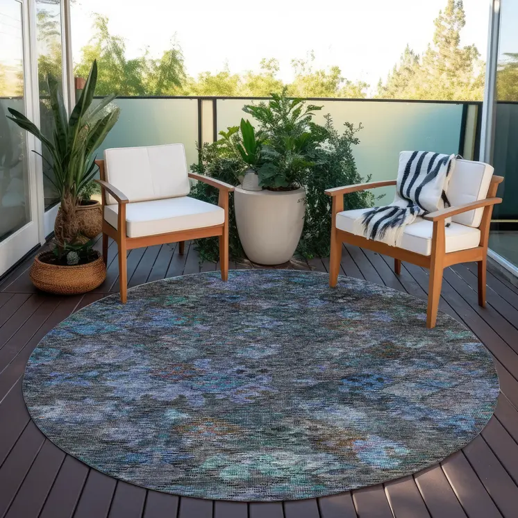 8' Teal Blue And Charcoal Round Floral Washable Indoor Outdoor Area Rug