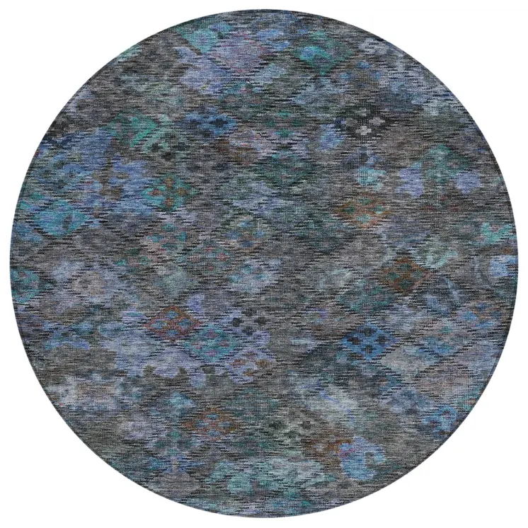 8' Teal Blue And Charcoal Round Floral Washable Indoor Outdoor Area Rug