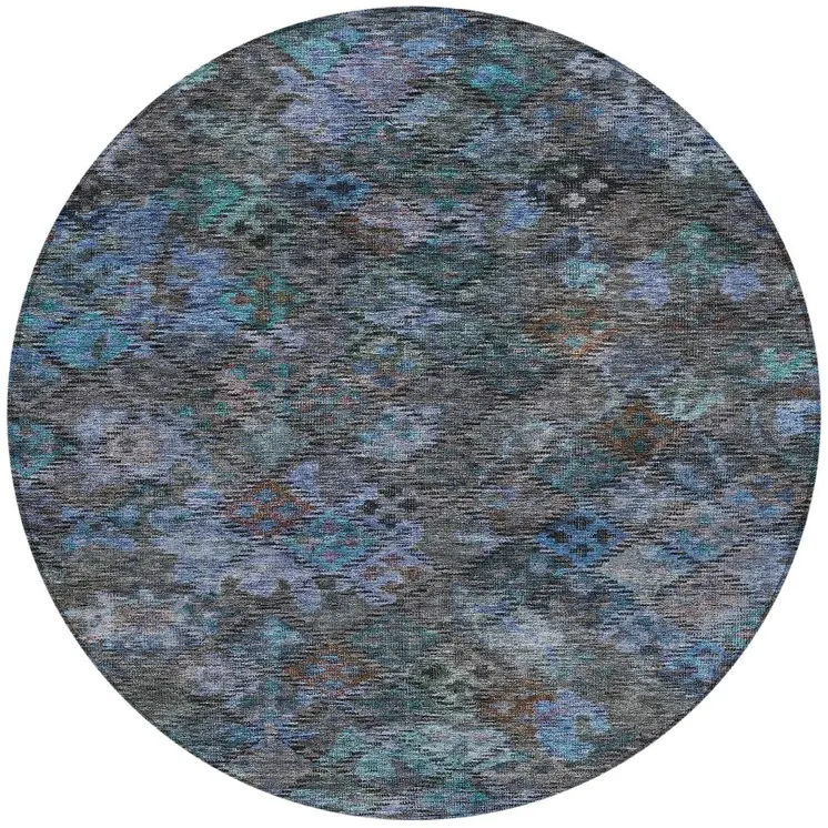 8' Teal Blue And Charcoal Round Floral Washable Indoor Outdoor Area Rug