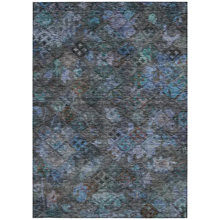 9' X 12' Teal Blue And Charcoal Floral Washable Indoor Outdoor Area Rug