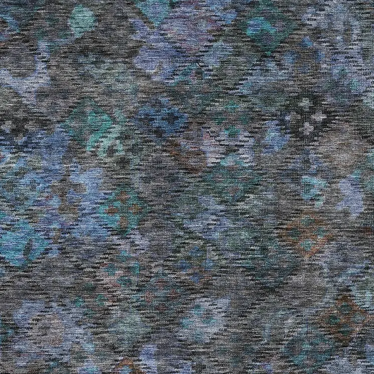10' X 14' Teal Blue And Charcoal Floral Washable Indoor Outdoor Area Rug