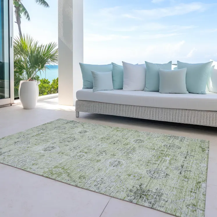 3' X 5' Artichoke Green Beige And Gray Damask Washable Indoor Outdoor Area Rug