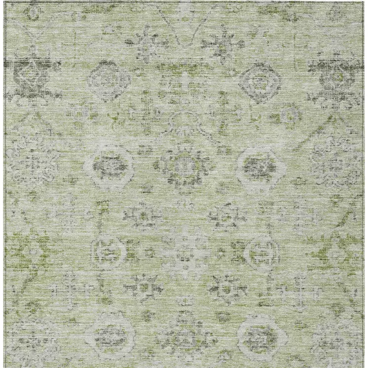 5' X 8' Artichoke Green Beige And Gray Damask Washable Indoor Outdoor Area Rug