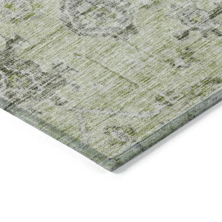 5' X 8' Artichoke Green Beige And Gray Damask Washable Indoor Outdoor Area Rug