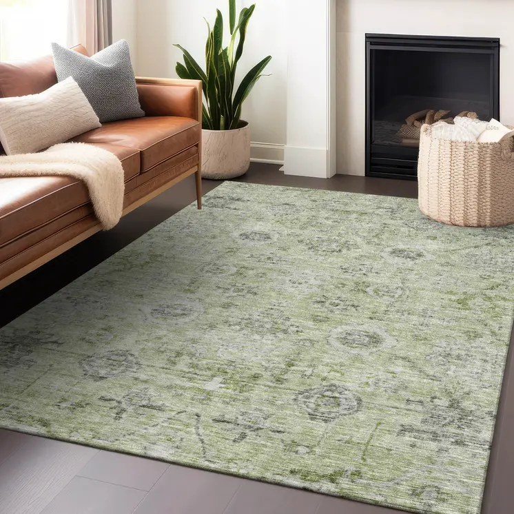 5' X 8' Artichoke Green Beige And Gray Damask Washable Indoor Outdoor Area Rug