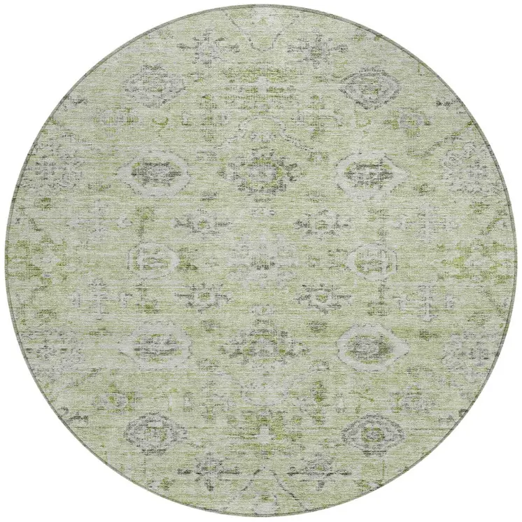 8' Artichoke Green Beige And Gray Round Damask Washable Indoor Outdoor Area Rug