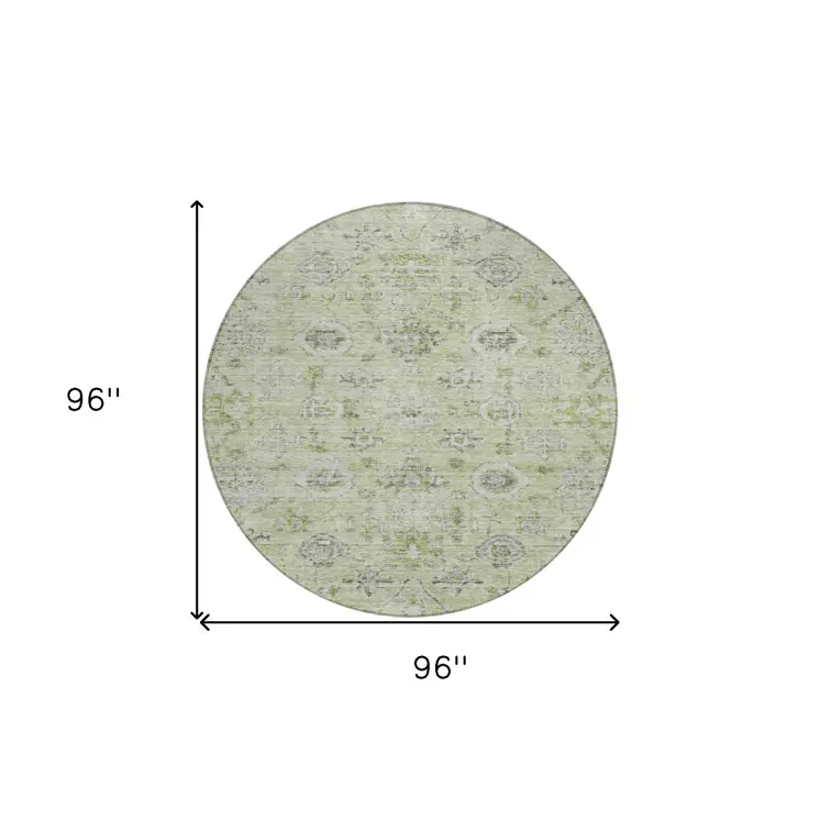 8' Artichoke Green Beige And Gray Round Damask Washable Indoor Outdoor Area Rug