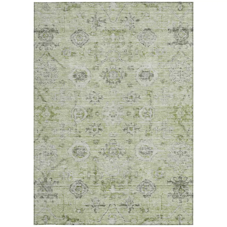 9' X 12' Artichoke Green Beige And Gray Damask Washable Indoor Outdoor Area Rug