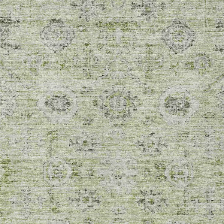 9' X 12' Artichoke Green Beige And Gray Damask Washable Indoor Outdoor Area Rug