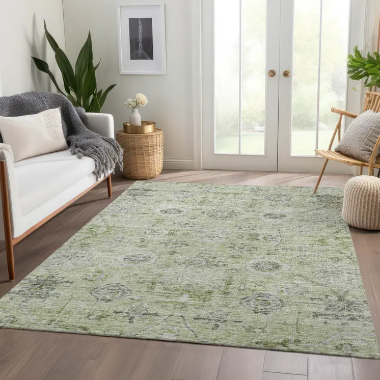 9' X 12' Artichoke Green Beige And Gray Damask Washable Indoor Outdoor Area Rug