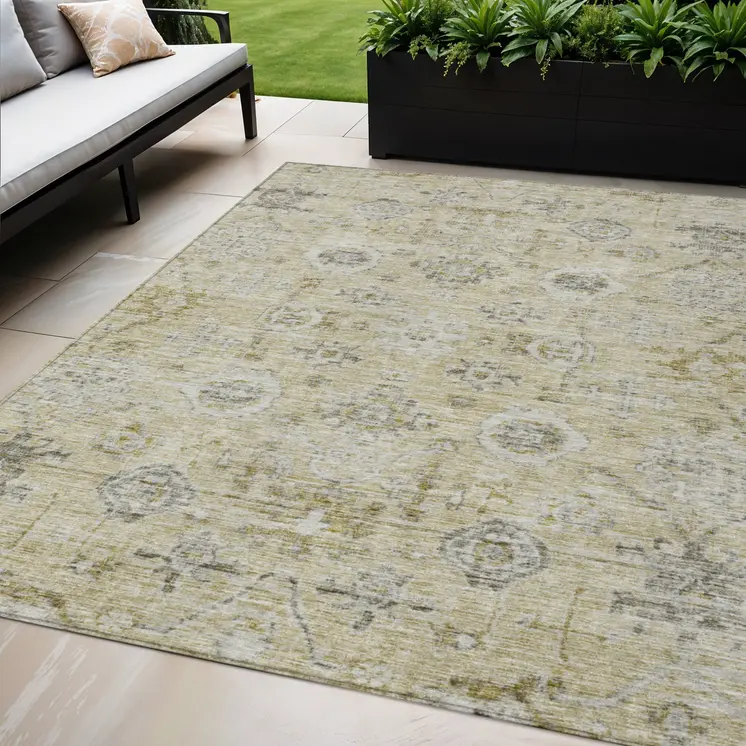 5' X 8' Beige And Gray Damask Washable Indoor Outdoor Area Rug