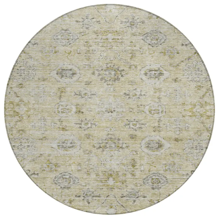 8' Beige And Gray Round Damask Washable Indoor Outdoor Area Rug