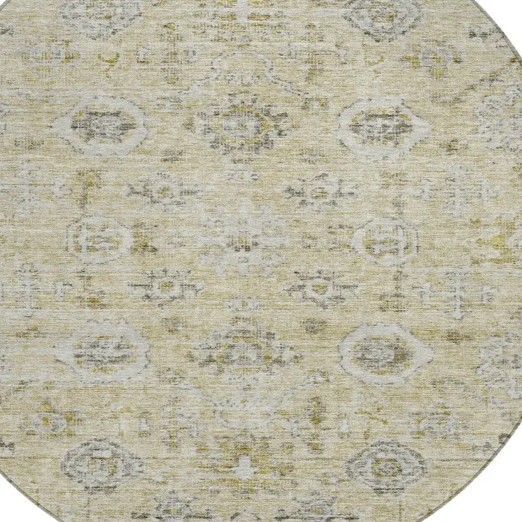 8' Beige And Gray Round Damask Washable Indoor Outdoor Area Rug