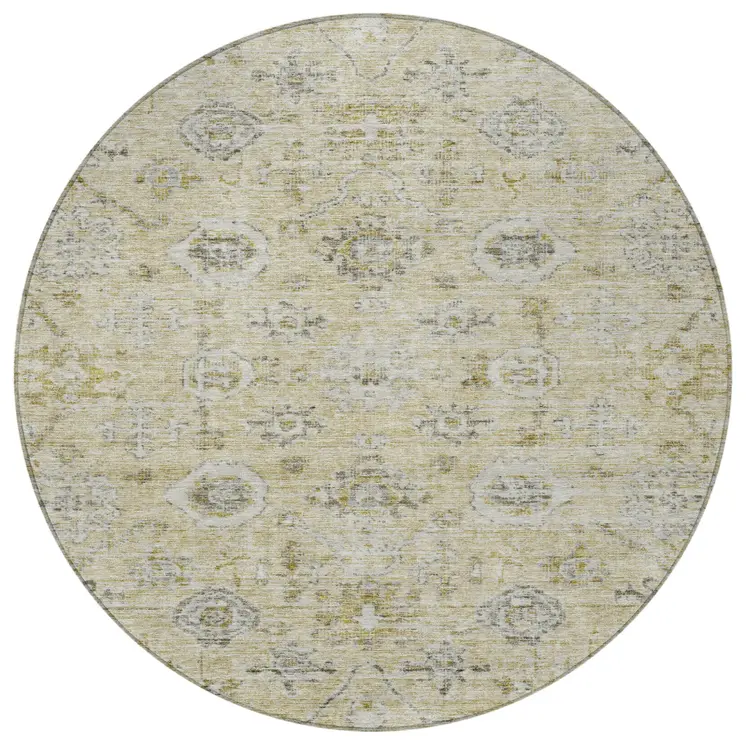 8' Beige And Gray Round Damask Washable Indoor Outdoor Area Rug