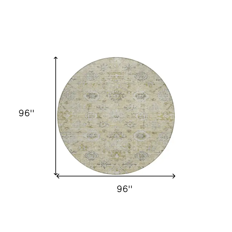 8' Beige And Gray Round Damask Washable Indoor Outdoor Area Rug