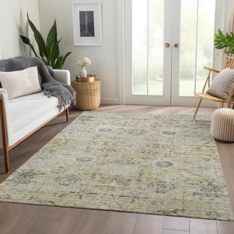 9' X 12' Beige And Gray Damask Washable Indoor Outdoor Area Rug