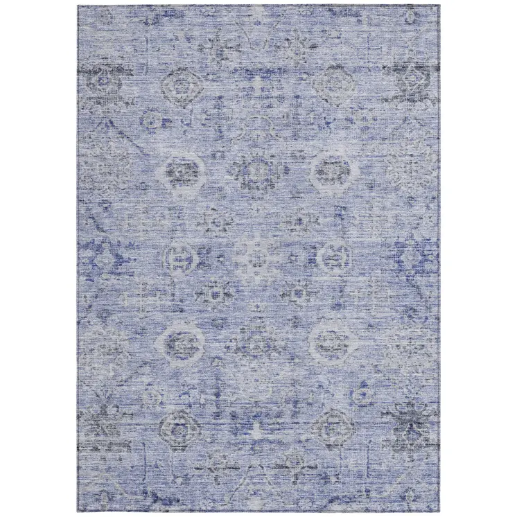 3' X 5' Blue And Gray Damask Washable Indoor Outdoor Area Rug