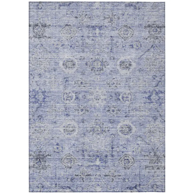 5' X 8' Blue And Gray Damask Washable Indoor Outdoor Area Rug
