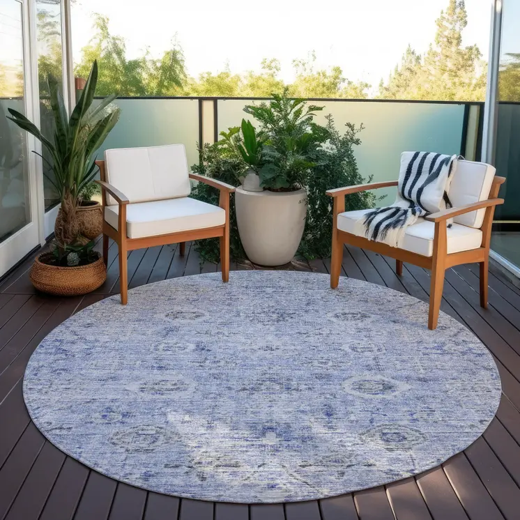 8' Blue And Gray Round Damask Washable Indoor Outdoor Area Rug